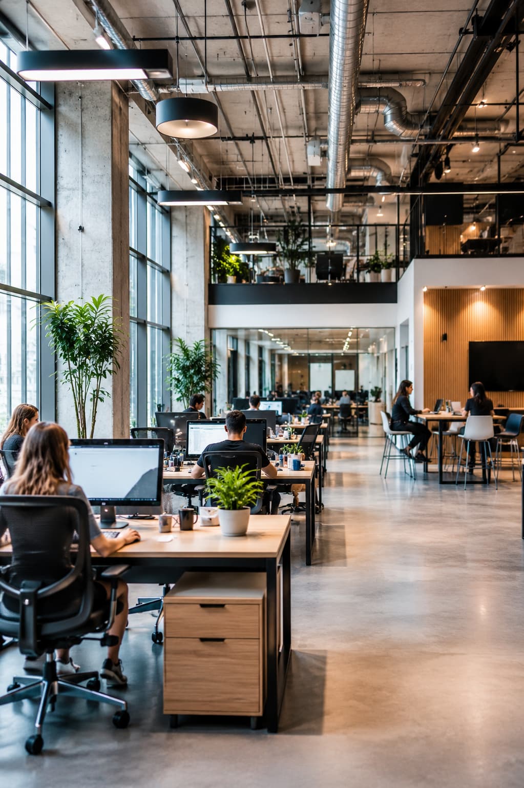 Modern smart workplace with employees collaborating