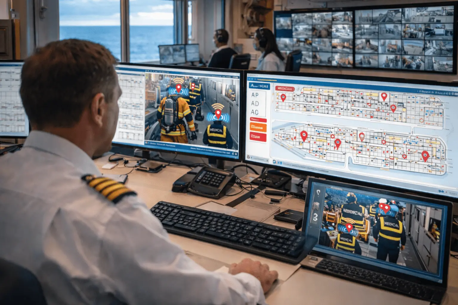 Emergency response team coordinated in real time on board a cruise ship