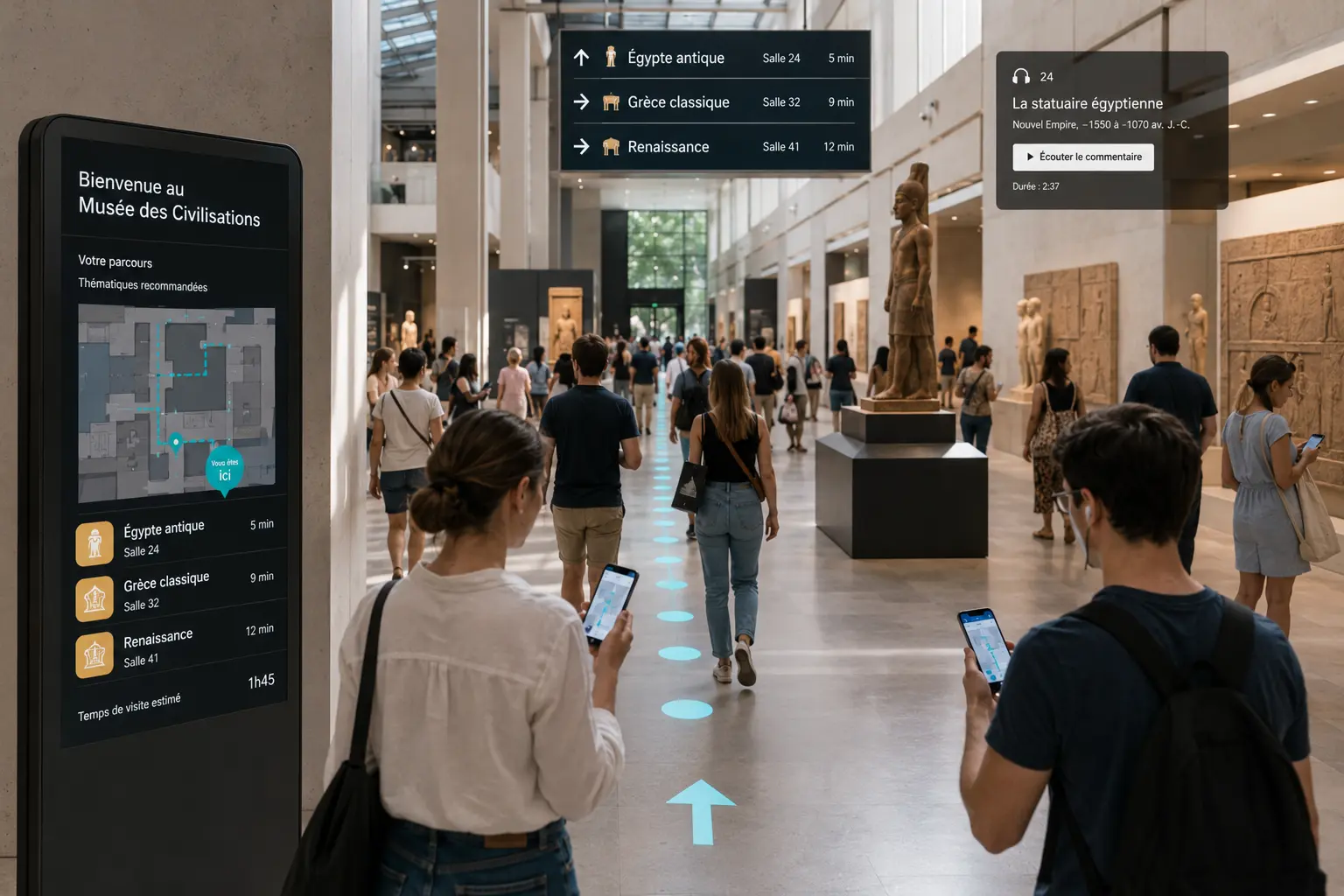 Visitors guided through a museum with smartphones