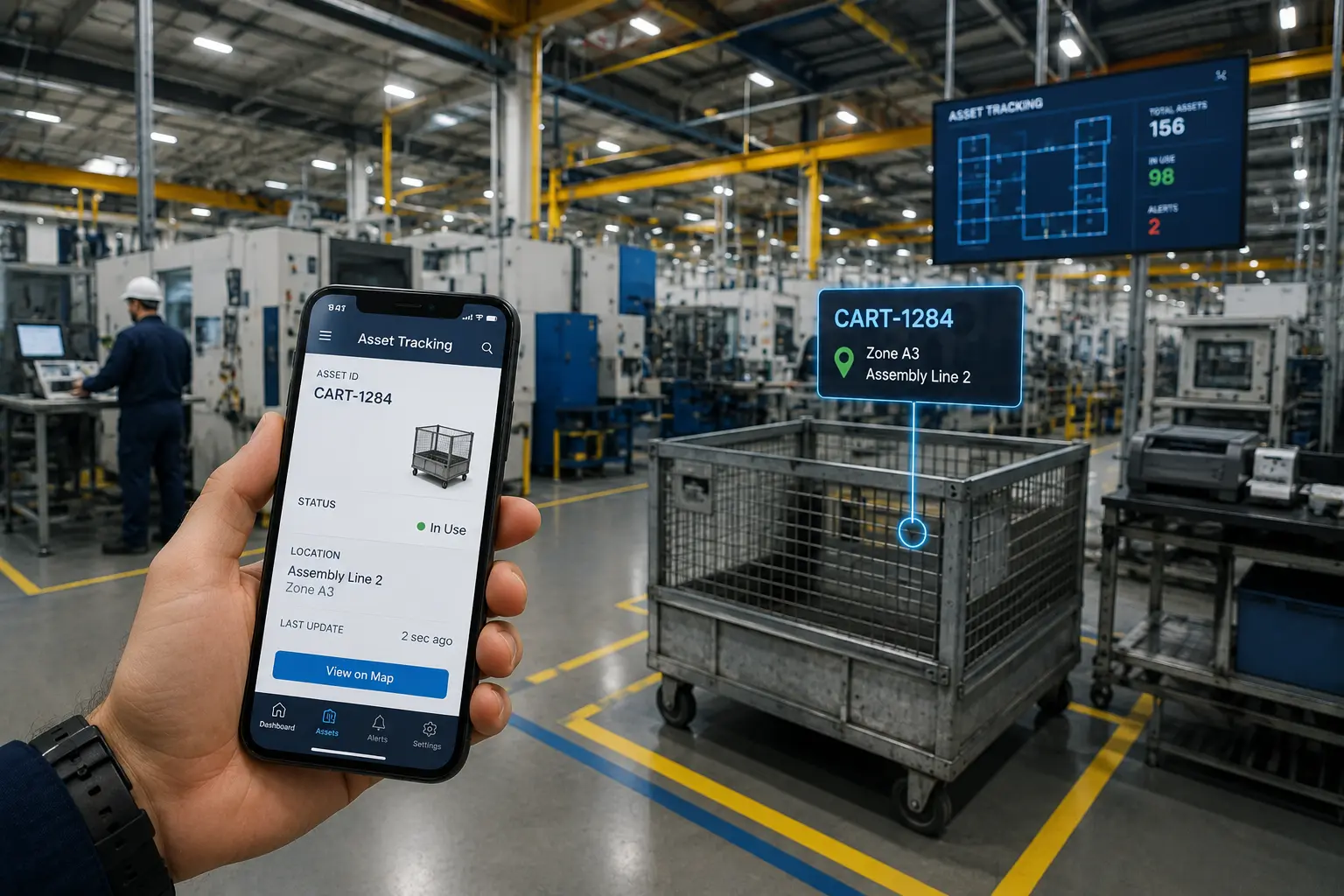 Factory worker using RTLS on the production floor