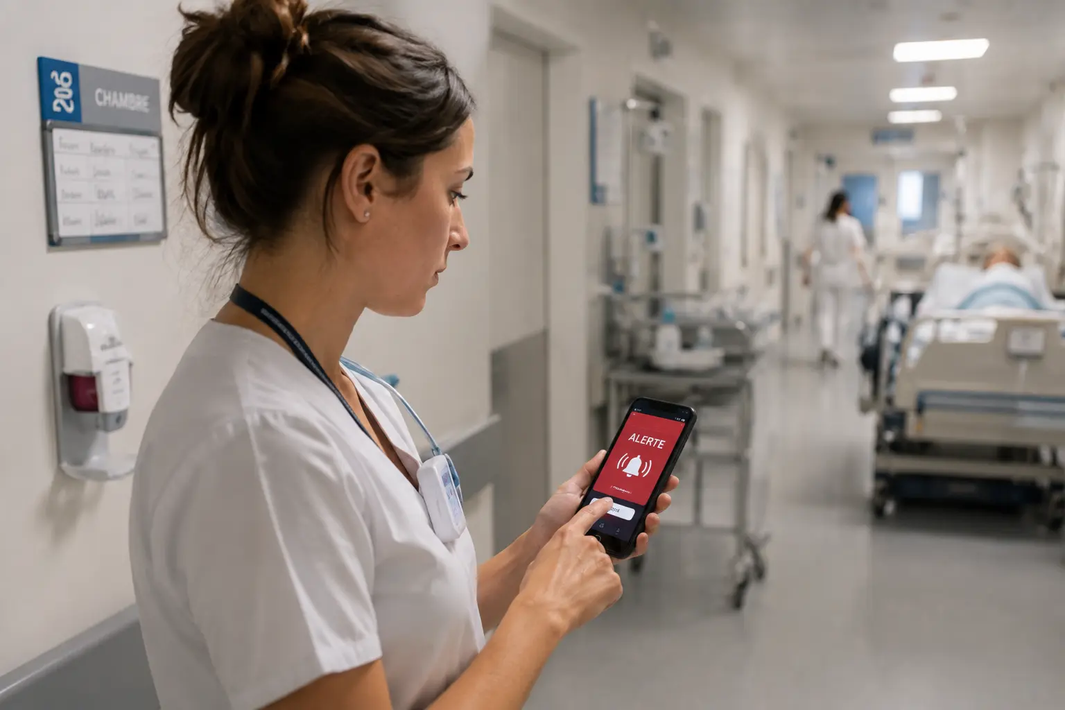 Healthcare staff member with a duress badge in a hospital environment