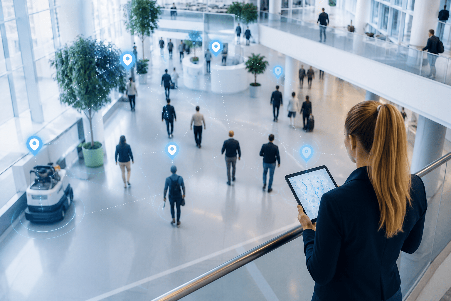 Indoor Positioning System showing real-time location tracking of people and assets inside a modern enterprise building